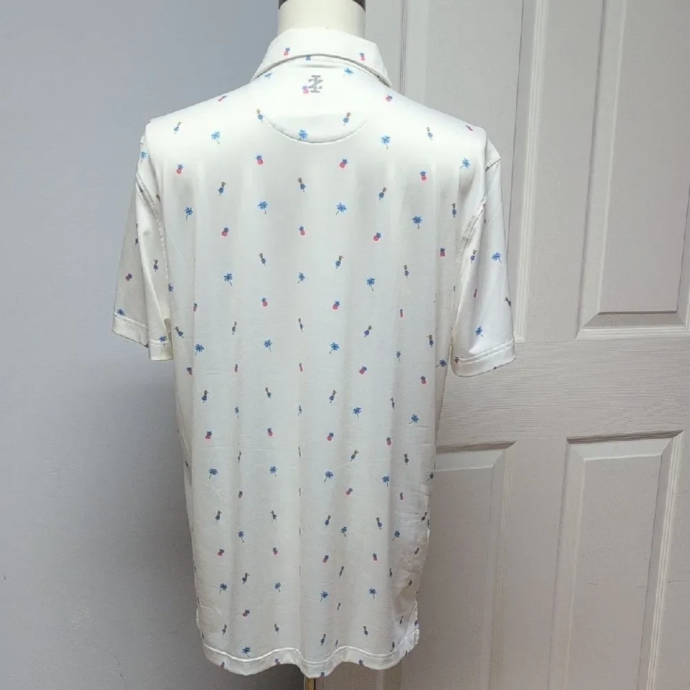 Izod White Polo Hula Girls Pineapples Palm Trees Reds/Blues Silky Sheen Size L